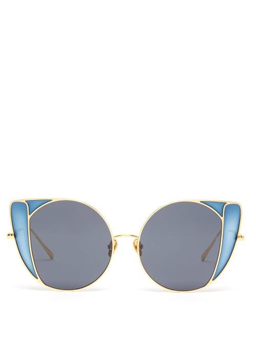 Matchesfashion.com Linda Farrow - Austin Butterfly Frame Metal Sunglasses - Womens - Blue Gold