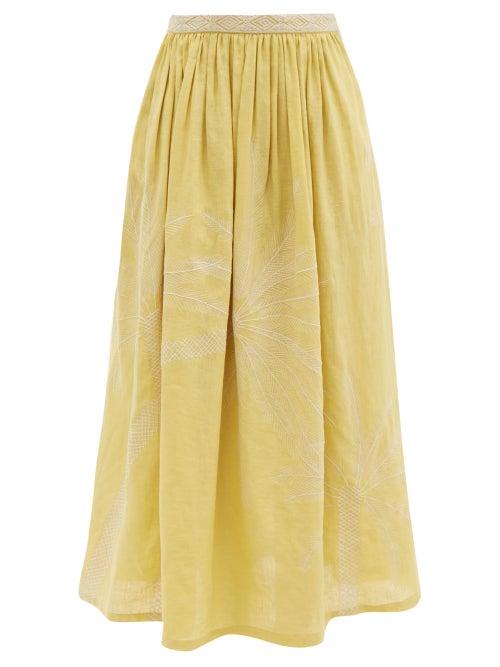 Matchesfashion.com Le Sirenuse, Positano - New Jane Palm-embroidered Linen Midi Skirt - Womens - Yellow