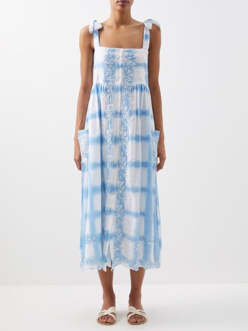 Juliet Dunn - Square-neck Dye-check Cotton Midi Dress - Womens - Blue White