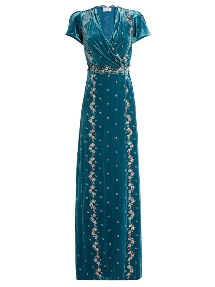 Luisa Beccaria Floral-embroidered Velvet Dress