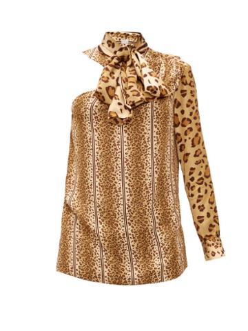 Matchesfashion.com Hillier Bartley - Leopard-print Pussy-bow One-shoulder Satin Top - Womens - Animal