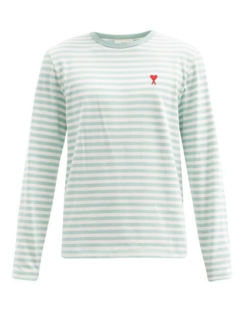 Matchesfashion.com Ami - Ami De Coeur-embroidered Striped Cotton T-shirt - Mens - Green White