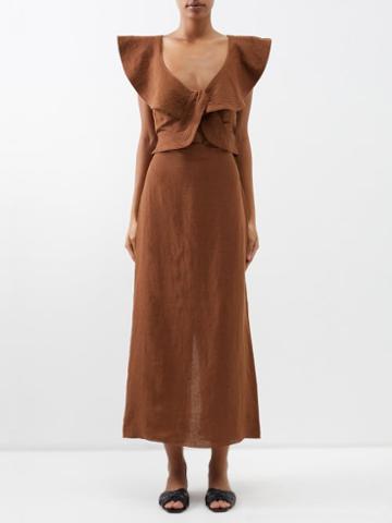 Johanna Ortiz - Kilimanjaro Ruffled Linen Dress - Womens - Chocolate