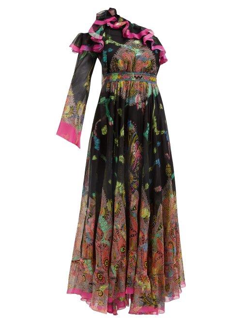 Matchesfashion.com Etro - Paisley Print One Shoulder Gown - Womens - Black Pink
