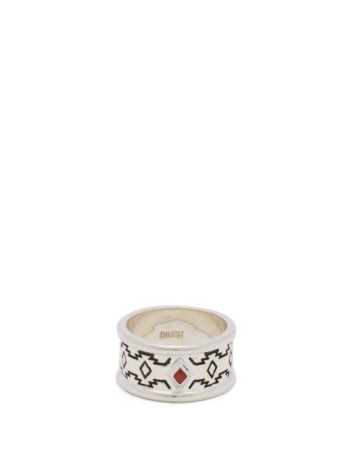 Matchesfashion.com Dineh - Engraved Sterling Silver And Coral Ring - Mens - Silver