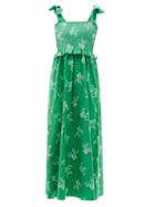 Ladies Beachwear Loretta Caponi - Laudomia Shirred Floral-print Cotton Dress - Womens - Dark Green