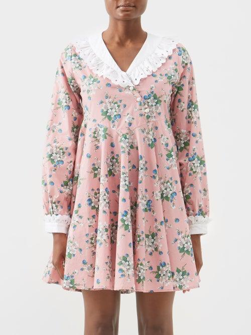 Batsheva - Harper Broderie-collar Floral Cotton Mini Dress - Womens - Pink Multi