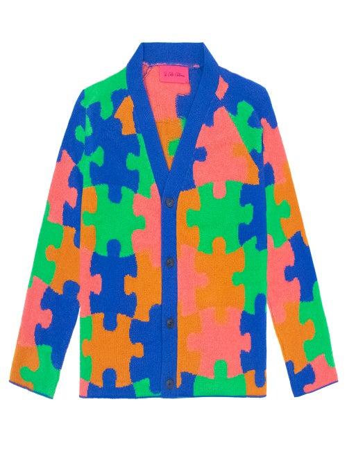 The Elder Statesman - Puzzle Intarsia Cashmere Cardigan - Womens - Blue Multi