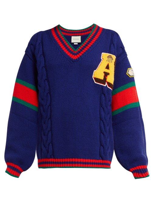 Matchesfashion.com Gucci - Terrycloth Appliqu V Neck Wool Sweater - Womens - Blue Multi