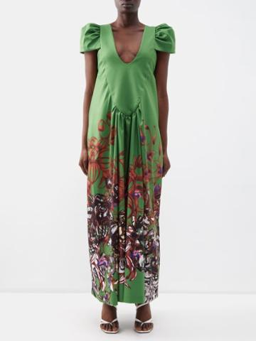 Kika Vargas - Rosa Floral-print Satin Maxi Dress - Womens - Green Print