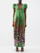 Kika Vargas - Rosa Floral-print Satin Maxi Dress - Womens - Green Print