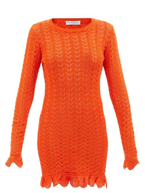Jw Anderson - Frilled Cotton-crochet Mini Dress - Womens - Orange