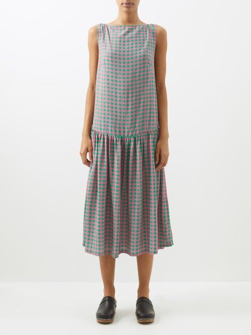 Caro Editions - Gingham Silk Crepe De Chine Midi Dress - Womens - Pink Green