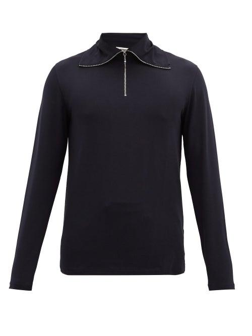 Matchesfashion.com Jil Sander - Quarter-zip Cotton-blend Long-sleeved T-shirt - Mens - Dark Blue