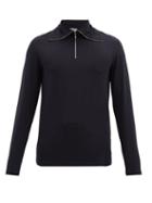 Matchesfashion.com Jil Sander - Quarter-zip Cotton-blend Long-sleeved T-shirt - Mens - Dark Blue