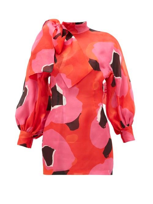 Matchesfashion.com Elzinga - Tie-neck Printed Silk-organza Mini Dress - Womens - Pink