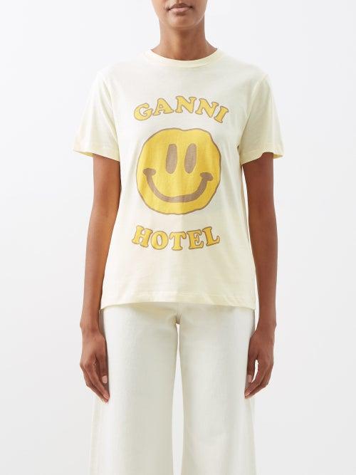 Ganni - Smiley Hotel-logo Jersey T-shirt - Womens - Light Yellow