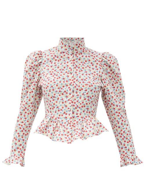 Matchesfashion.com Batsheva - Gracie High-neck Floral-print Cotton Blouse - Womens - White Print