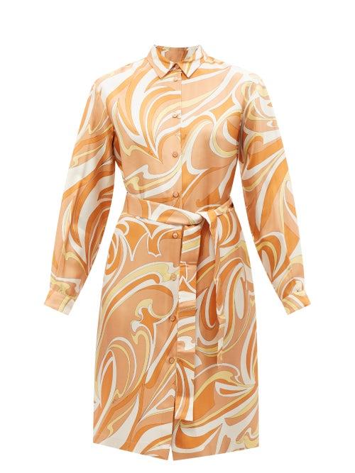 Emilio Pucci - Vortici-print Silk-twill Shirt Dress - Womens - Orange Multi
