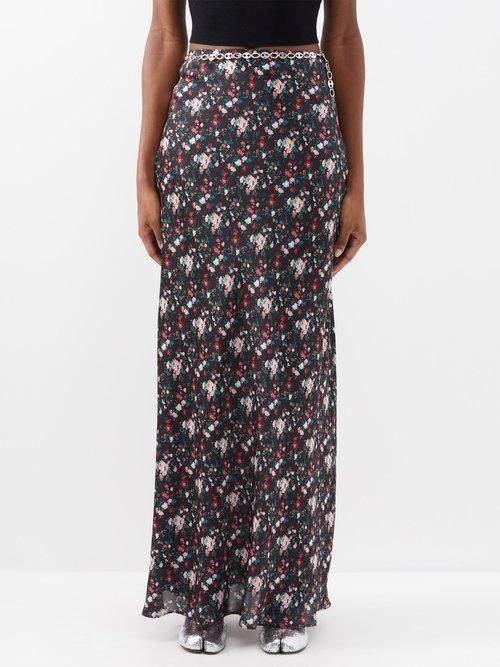 Paco Rabanne - Rose Garden-print Satin Maxi Skirt - Womens - Black Multi