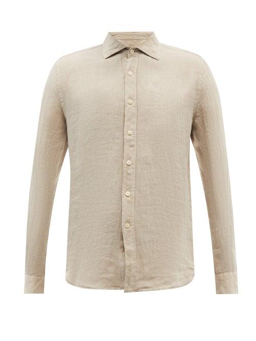 120 Lino 120% Lino - Long-sleeved Linen Shirt - Mens - Khaki