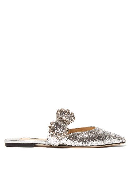 Matchesfashion.com Jimmy Choo - Gee Crystal Buckle Glittered Backless Flats - Womens - Silver