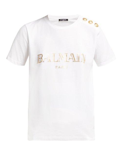 Matchesfashion.com Balmain - Logo Print Cotton T Shirt - Womens - White Gold