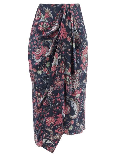 Isabel Marant - Bree Floral-print Wrap Silk-blend Midi Skirt - Womens - Navy Multi