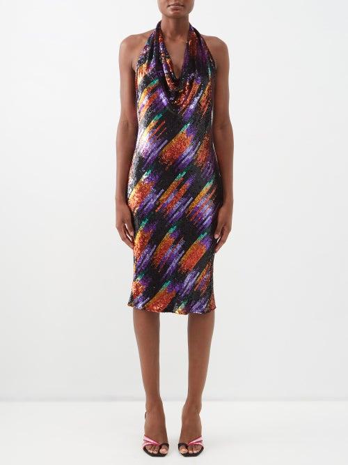 Ashish - Marigold Sequinned Open-back Halterneck Midi Dress - Womens - Multi