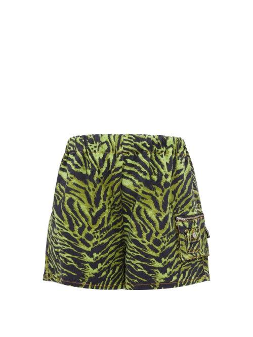 Matchesfashion.com Ganni - Tiger Print High Rise Denim Shorts - Womens - Green