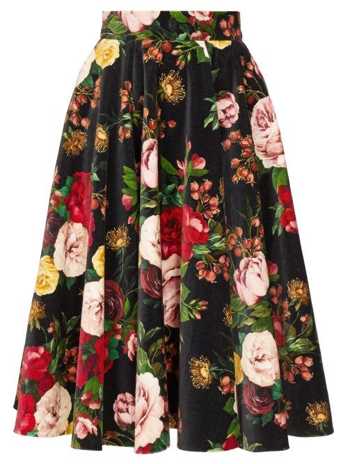 Matchesfashion.com Dolce & Gabbana - Rose Print Velvet Midi Skirt - Womens - Black Multi