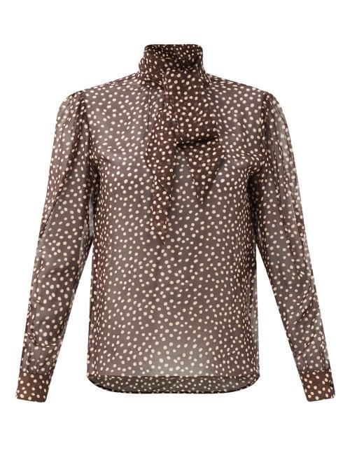 Matchesfashion.com Saint Laurent - Pussy-bow Polka-dot Silk-chiffon Blouse - Womens - Brown Multi