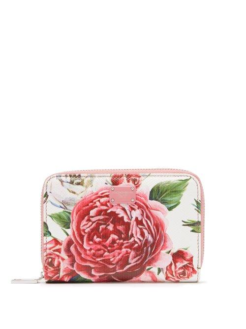 Matchesfashion.com Dolce & Gabbana - Rose And Peony Print Leather Wallet - Womens - Pink White