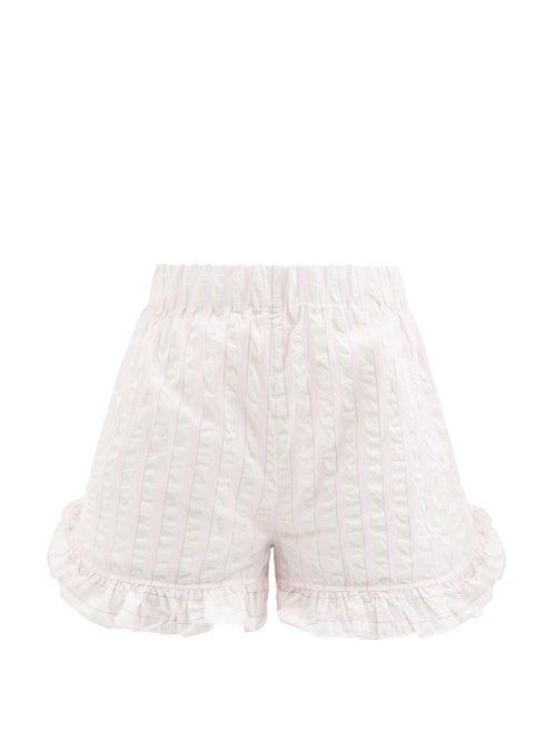 Ganni - Ruffled Striped Organic Cotton-seersucker Shorts - Womens - Pink Stripe