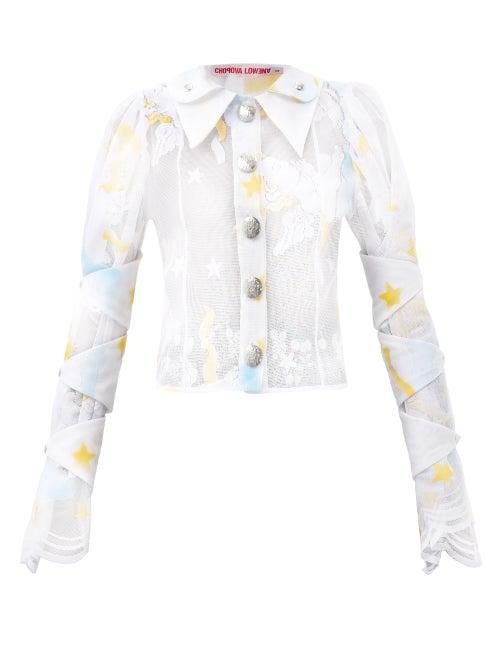 Chopova Lowena - Cropped Wax Lace-embroidered Shirt - Womens - White Multi