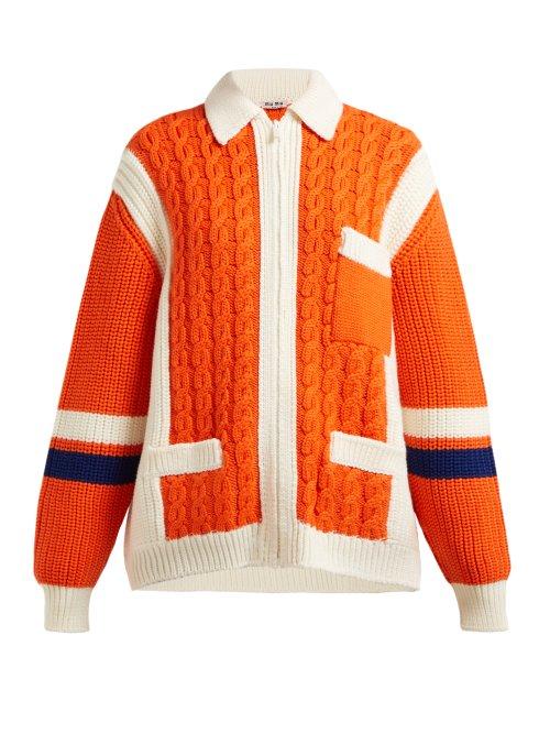 Matchesfashion.com Miu Miu - Intarsia Stripe And Cable Knit Wool Cardigan - Womens - Orange Multi
