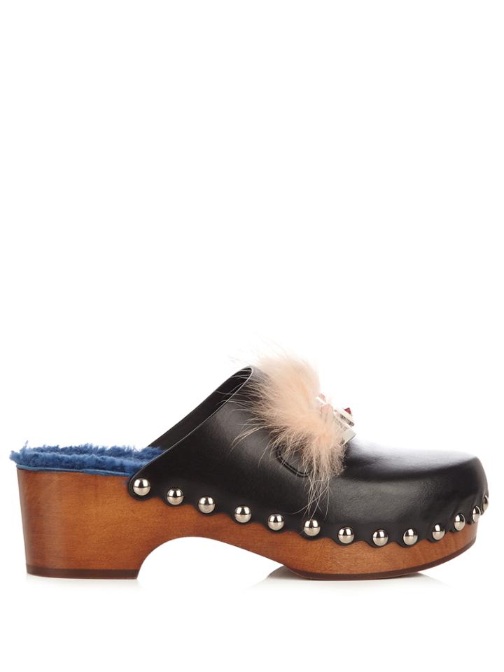 Fendi Hypnoteyes Fur-trimmed Leather Clogs