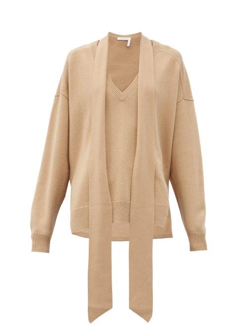 Matchesfashion.com Chlo - Tie-neck Monogram-embroidered Cashmere Sweater - Womens - Beige