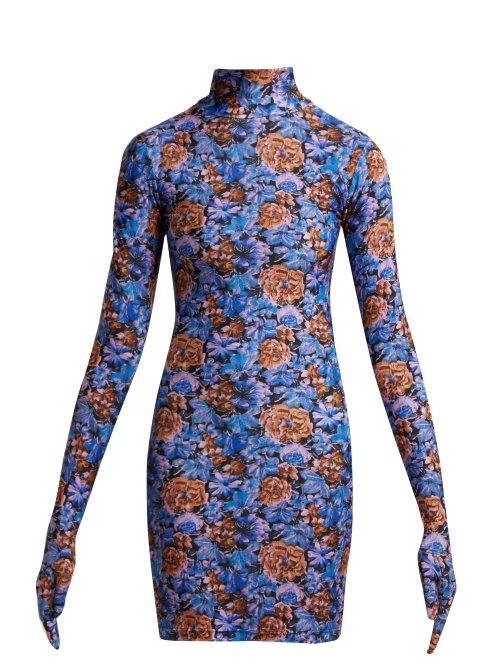 Matchesfashion.com Vetements - Floral Print Glove Sleeve Jersey Dress - Womens - Blue Multi