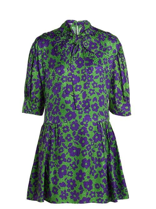 Matchesfashion.com Miu Miu - Floral Print Silk Dress - Womens - Purple Multi