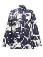 Matchesfashion.com Valentino - Pussy-bow Mermaid-print Silk-twill Blouse - Womens - Navy Print