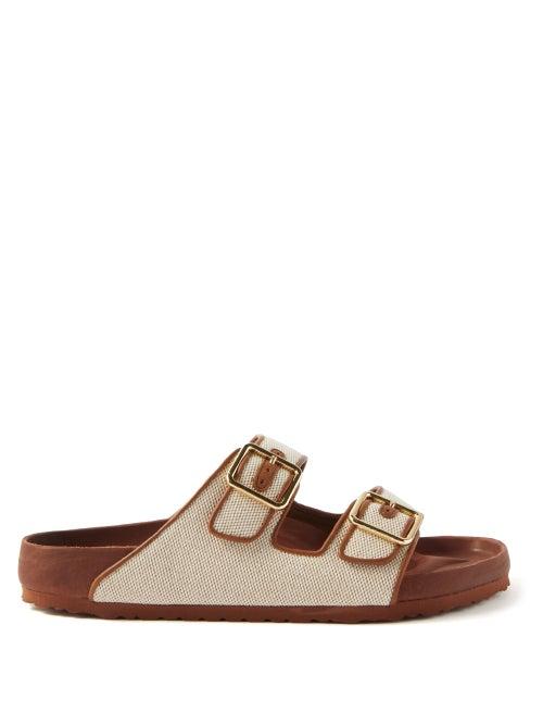 Birkenstock 1774 - 1774 Arizona Buckled Canvas & Leather Slides - Mens - Tan