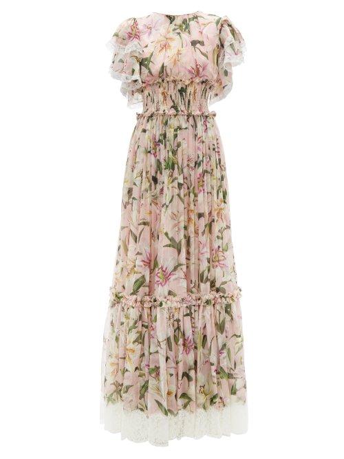 Matchesfashion.com Dolce & Gabbana - Shirred Lilium Print Silk Blend Chiffon Gown - Womens - Pink Multi