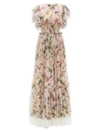 Matchesfashion.com Dolce & Gabbana - Shirred Lilium Print Silk Blend Chiffon Gown - Womens - Pink Multi