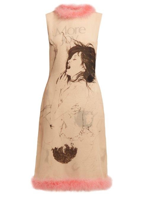 Matchesfashion.com Christopher Kane - Feather Trimmed Printed Silk Dress - Womens - Pink