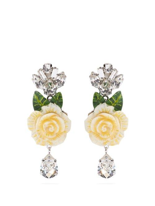 Matchesfashion.com Dolce & Gabbana - Rose And Crystal Drop Clip On Earrings - Womens - White