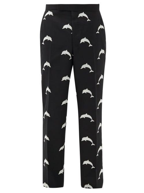 Matchesfashion.com Thom Browne - Dolphin-embroidered Wool-blend Trousers - Mens - Black