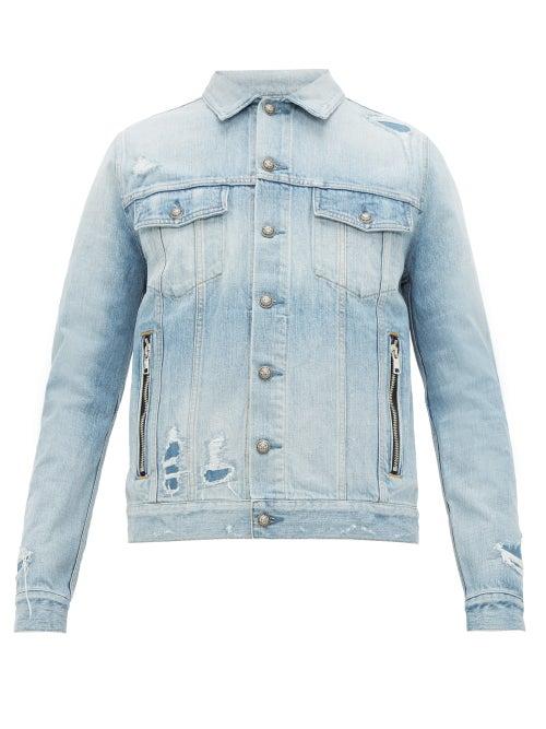 Matchesfashion.com Balmain - Logo Print Distressed Denim Jacket - Mens - Blue