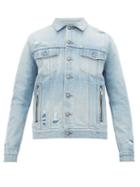 Matchesfashion.com Balmain - Logo Print Distressed Denim Jacket - Mens - Blue