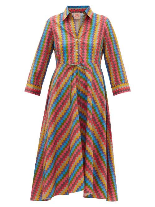 Matchesfashion.com Le Sirenuse, Positano - Lucy Que Onda Abstract-print Belted Cotton Dress - Womens - Pink Multi